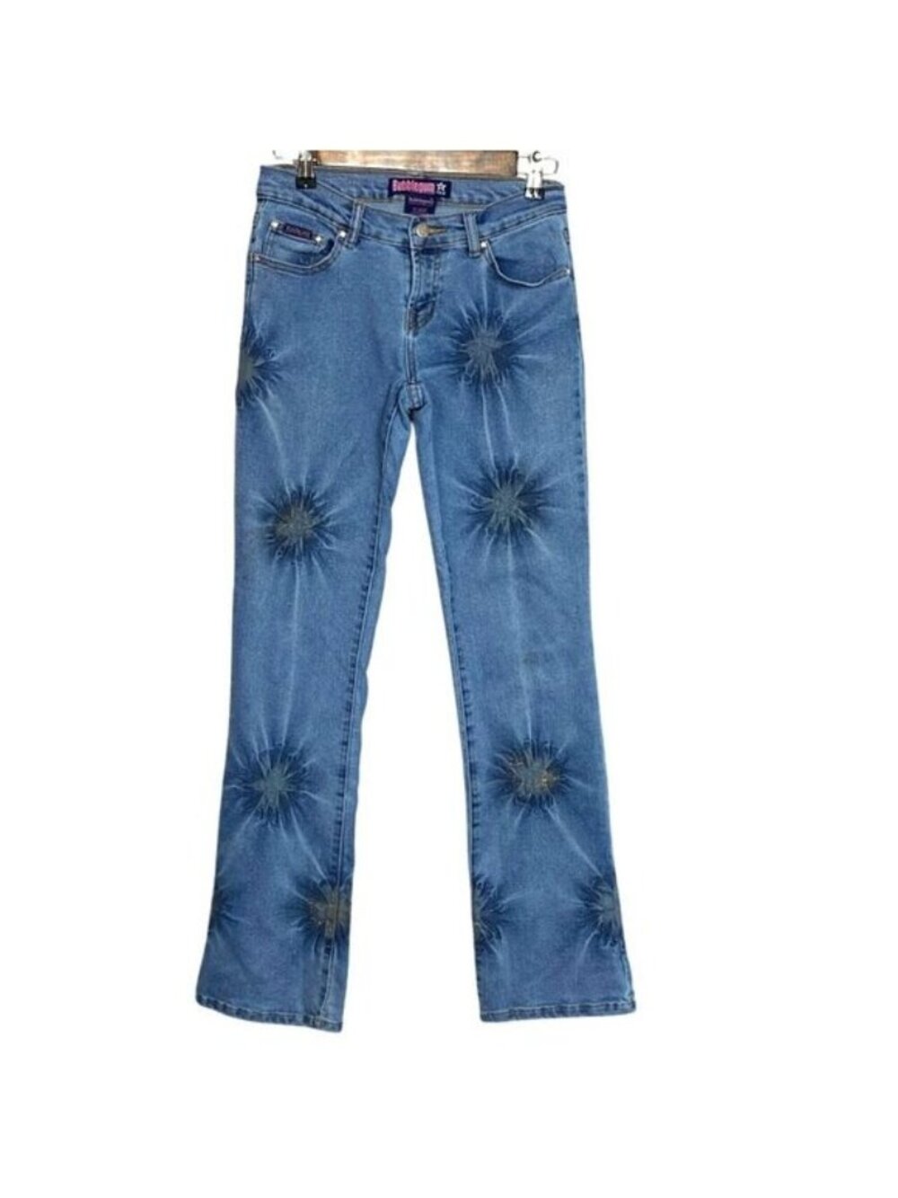 Vintage Y2K Bubblegum Womens Blue Flared Jeans With Sun Tears Art Print Size 3/4